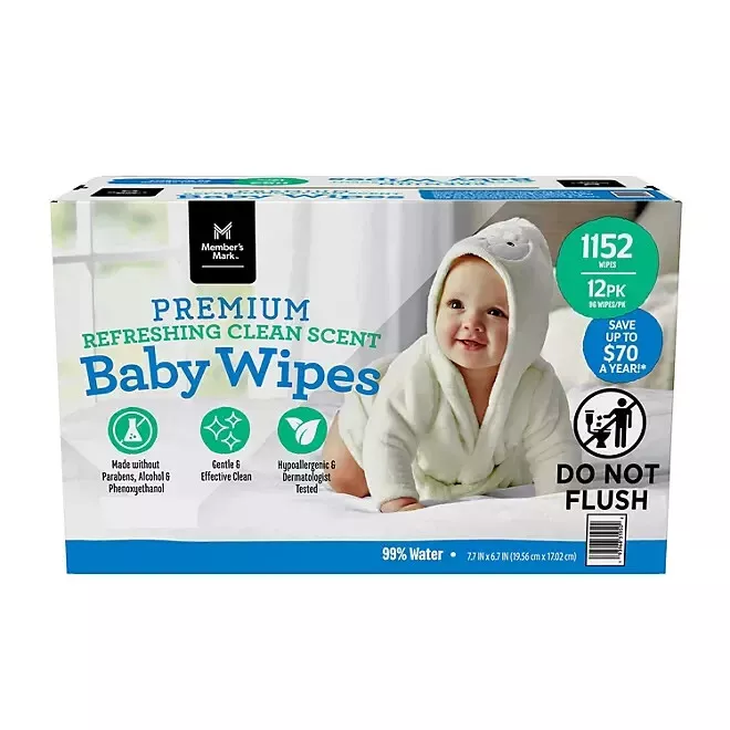 Member’s Mark Premium Refreshing Clean Scented Baby Wipes, 12 Packs 1152 ct.